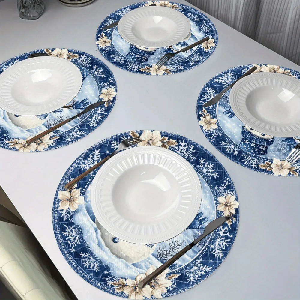 2/4/6/8Pcs Winter Snowman and Christmas Tree Kitchen Tablecloths Round Handmade Linen Placemats with Festive Blue Floral Design, Perfect for Holiday Dining and Seasonal Decoration, Festive Tabletop Decoration