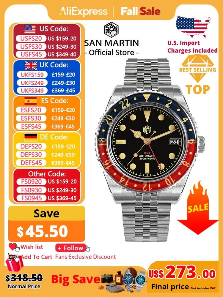 

San Martin NH34 40mm GMT Luxury Sports Style Full Luminous Bidirectional Sapphire Bezel Automatic Mechanical Watch 20 Bar SN0005