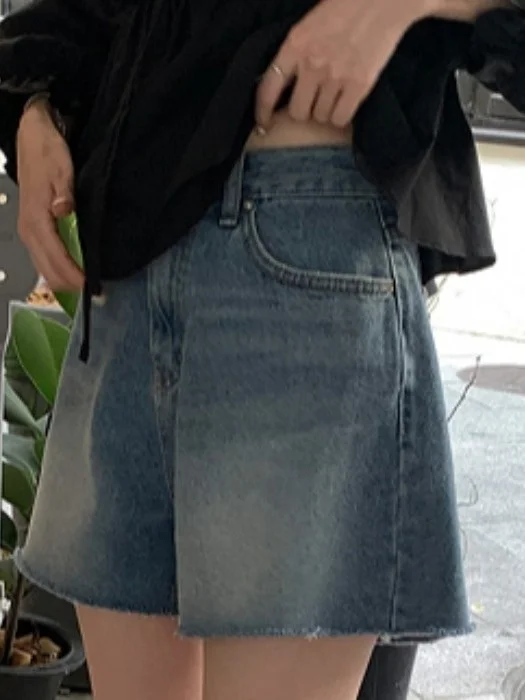 

Retro High Waist A-Line Wide Leg ort Jeans Vintage Distred Frayed Hem Denim orts for Young Women Summer New Sle
