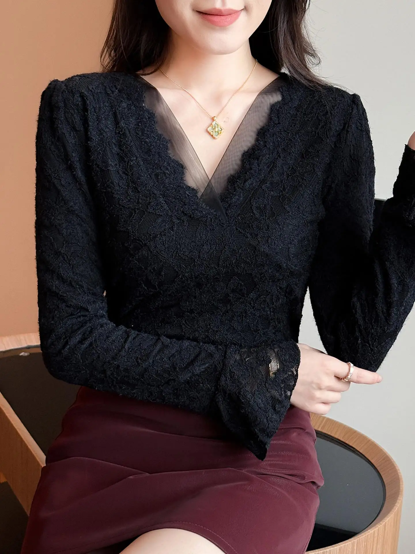 Ele Anti-âge dentelle Base irt femmes automne hiver Sexy V-Ne Slim cloche Sve Long Sve T-shirt motif Floral Brea...