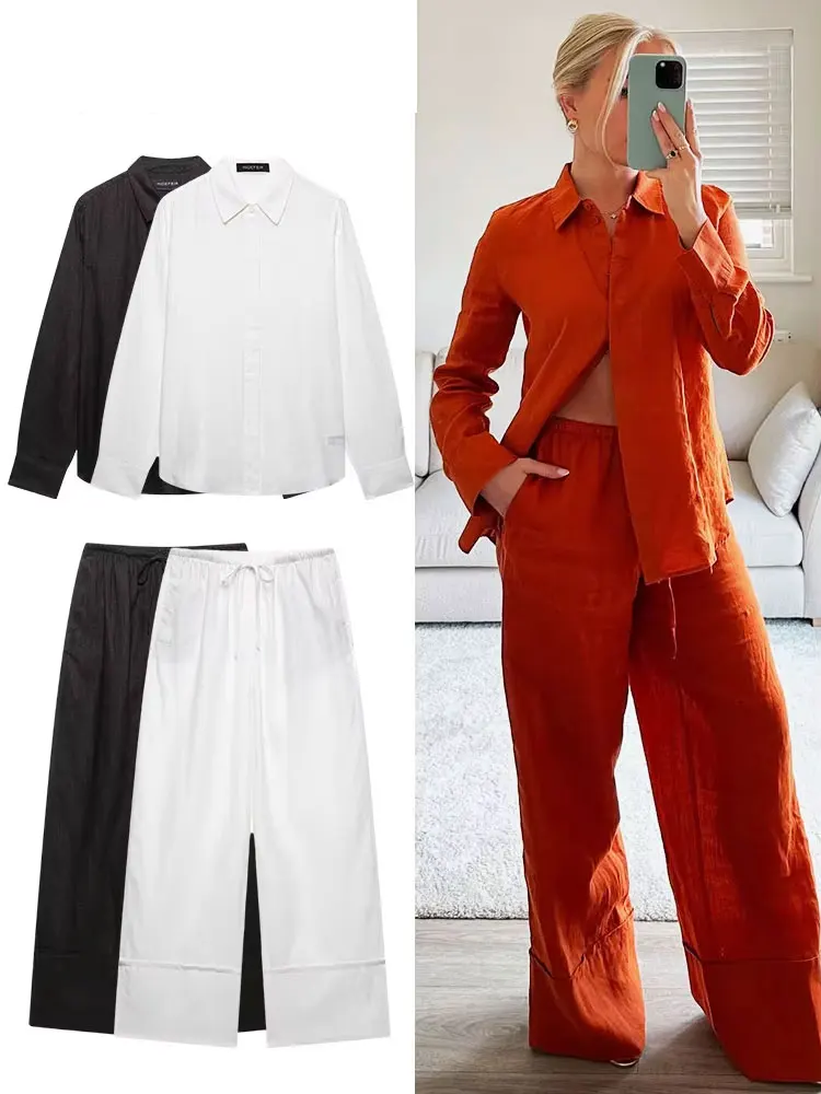 HH-traje informal de lino de Color liso para mujer, camisa de manga larga con solapa y una botonadura, pantalones rectos con cordones, conjunto de lino acogedor, verano