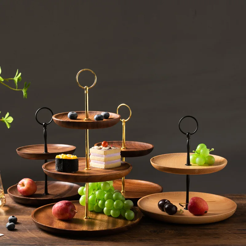 

Wood Fruit Tray Creative Two Layers Solid Wood Dessert Tray Cake Stand Multi-layer Tray Black Walnut Snack Dish