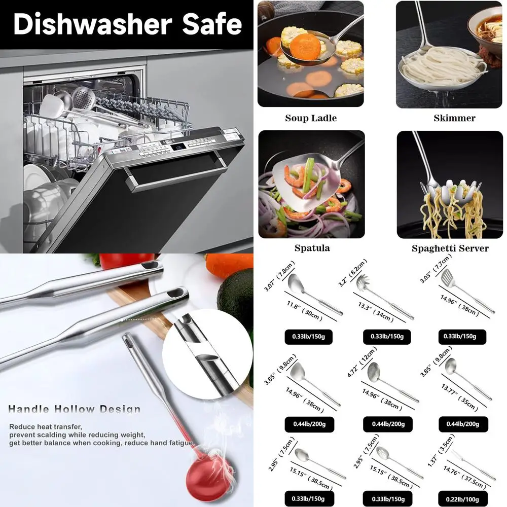 

Набор кухонных инструментов из нержавеющей стали из 9 предметов: 15 аксессуаров для посуды с прочными и прорезями ложками, вилками, лопатками, ковшими, скиммелями