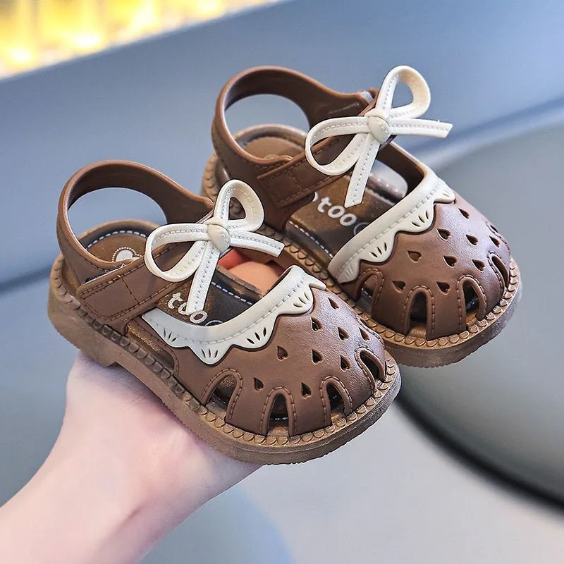 Toddler Baby Girl Sandals Summer Non Slip Soft Sole Infant First Walking Shoes Bowtie Hook Loop Lightweight Plastic Kids 1-3Y
