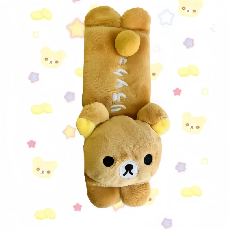 Kawaii Rilakkuma Soft Bear Stuffed Doll Car Neck Headrest Pillow with Safety Belt Kid-Friendly Shoulder Pillow for Travel Gifts