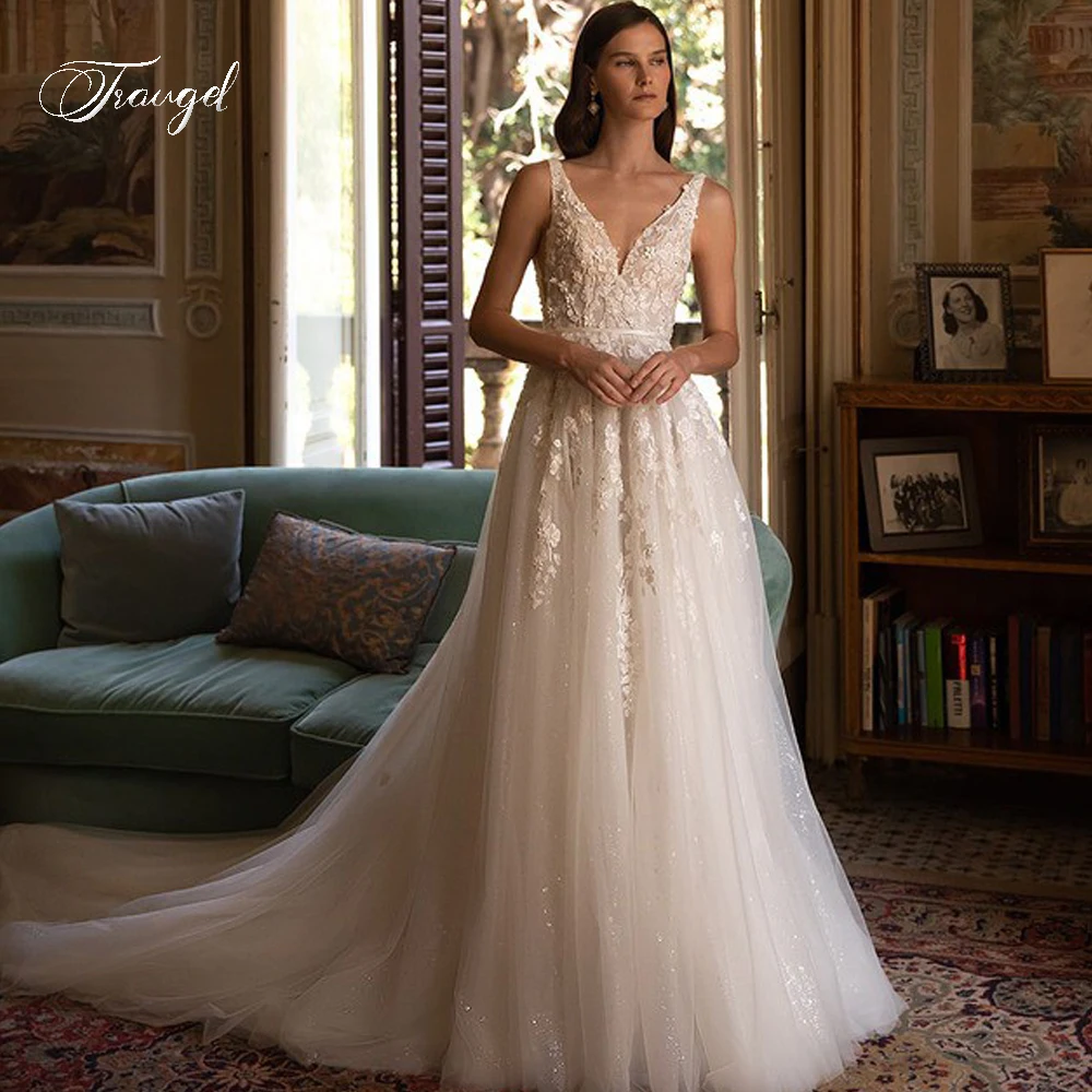 

Traugel Sexy V Neck Flowers A Line Lace Wedding Dresses Luxury Appliques Beaded Spaghetti Straps Court Train Bridal Gowns