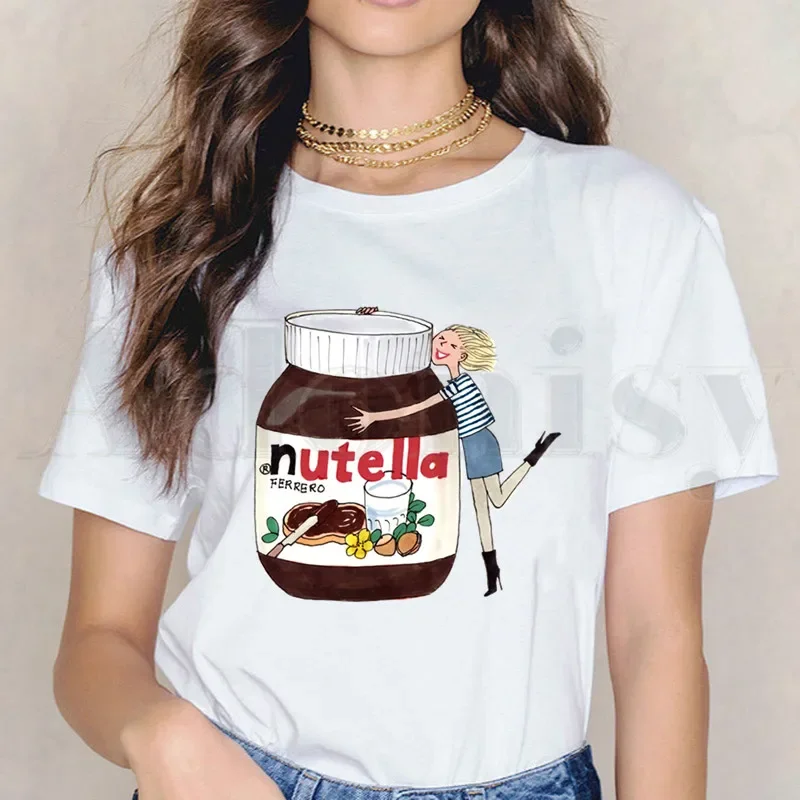 Uroczy chleb i Nutella Kawaii estetyczne koszulki damskie T-shirt bluzki damskie