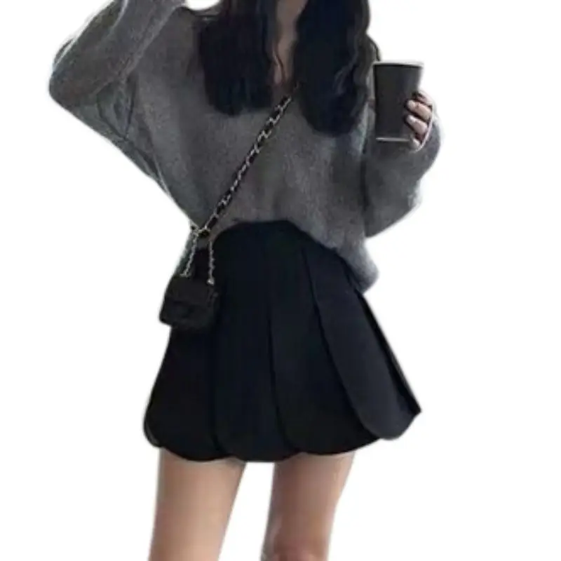 Women's  Fall Long Sleeve V Neck Solid Color Knit Chunky Casual Oversized Pullover Sweater Tops