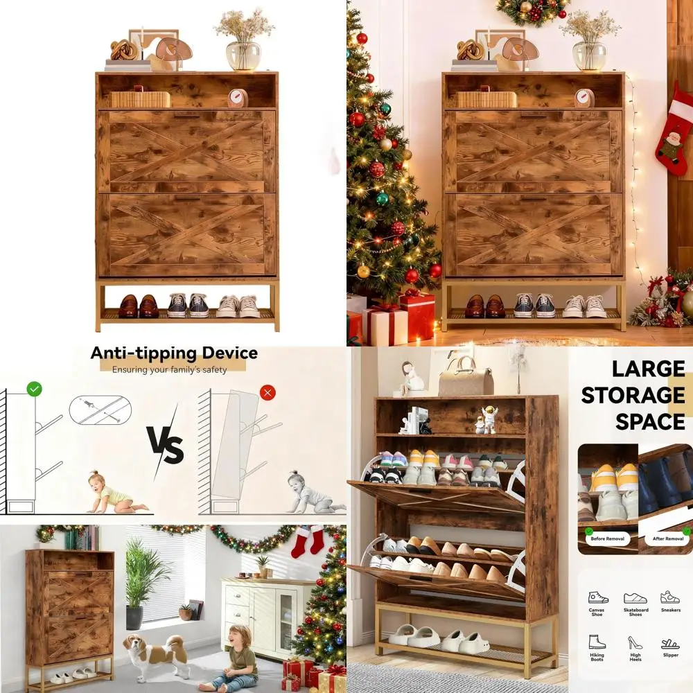 

Freestanding Flip Drawer Shoe Cabinet Organizer - Open Storage for Entryway, Narrow Rack with Metal Base, Dark Brown