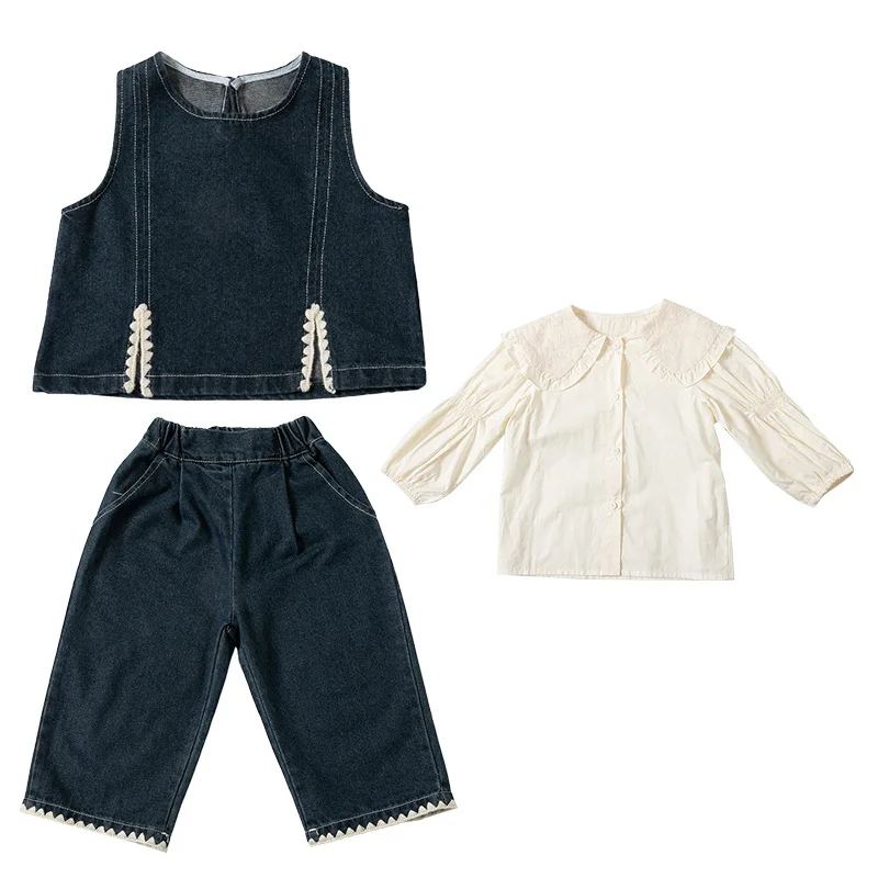 Girls Korean Denim Outfit Set 2026 Spring New, Stylish Princess 3 Piece Suit For Baby Kids Girls for 90-140cm