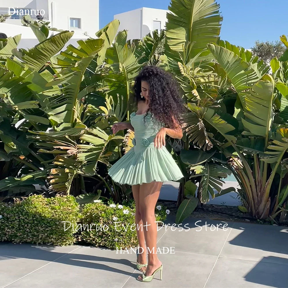 

Dianruo Mint Green Strapless Prom Dress Mini Length A Line Chiffon Evening Gowns 3D Flowers Pleated Celebrity Dresses Customized