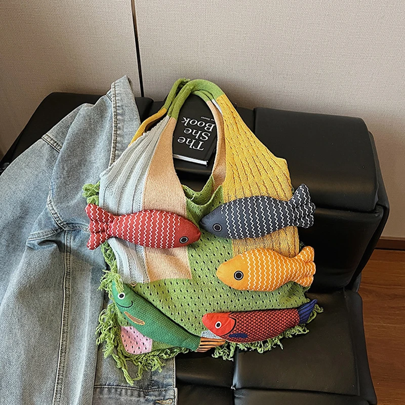 Women Large Capacity Knitted Tote Handbag Summer Beach Bag Aesthetic Travel Bag For Daily Use Shopping Shoulder Bag