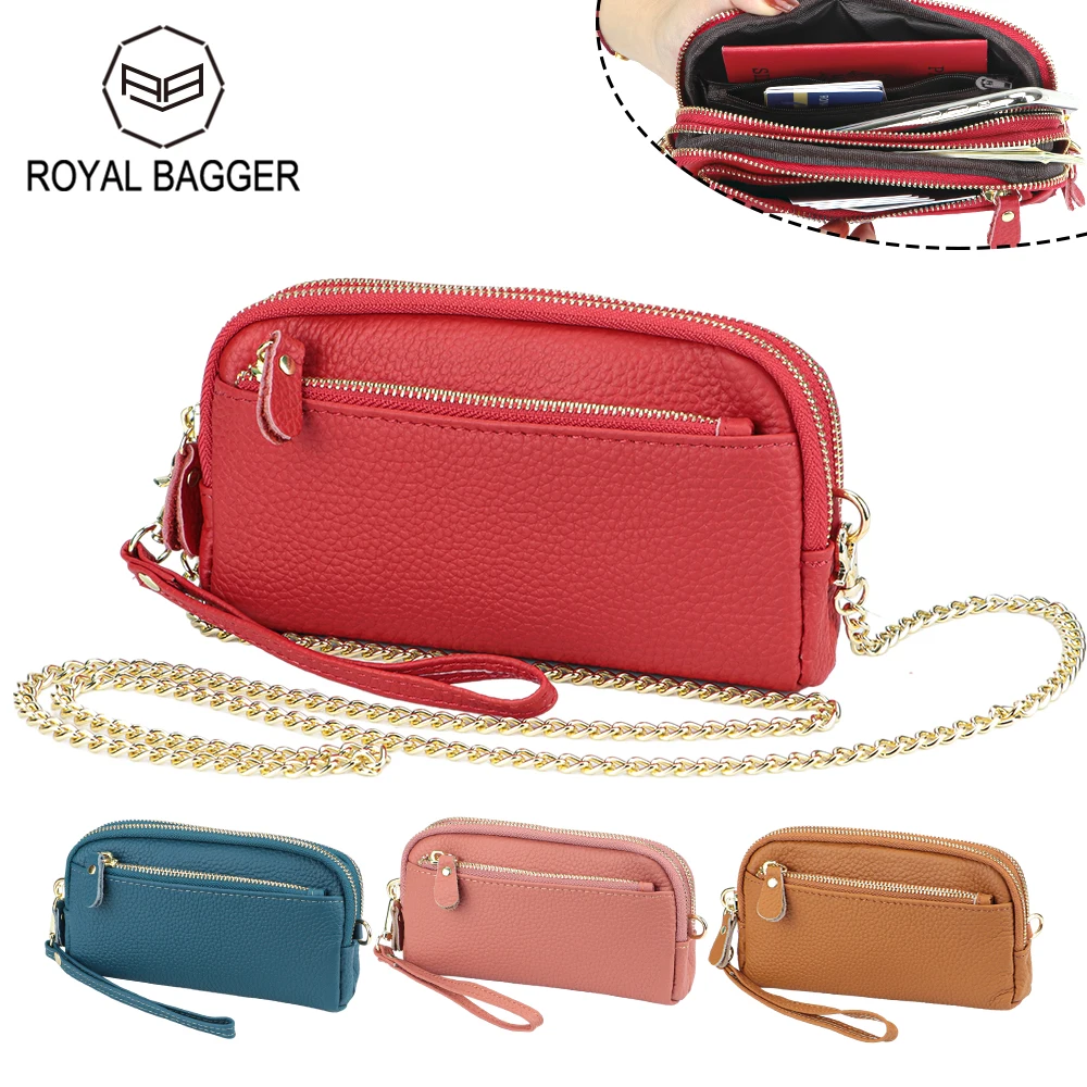 Royal Bagger Clutch Wallet Purse for Women Genuine Cow Leather Large Capacity Zipper Wallets Fashion Chain Crossbody Bag 1571