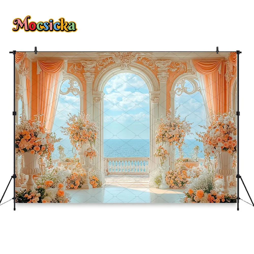 Роскошный свадебный фон для фотосъемки для девочек, теплый оранжевый цветочный дворец, голубое небо, фон, декор для свадебного шоу, фотозона для студии
