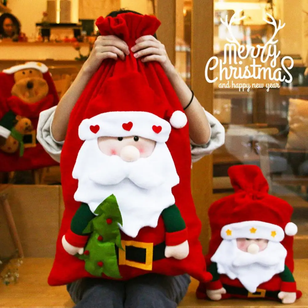 Santa Gift Bag Large Capacity Drawstring Christmas Bag for Candies Gifts Reusable 3D Design Fabric Gift Bag for Xmas Party Suppl