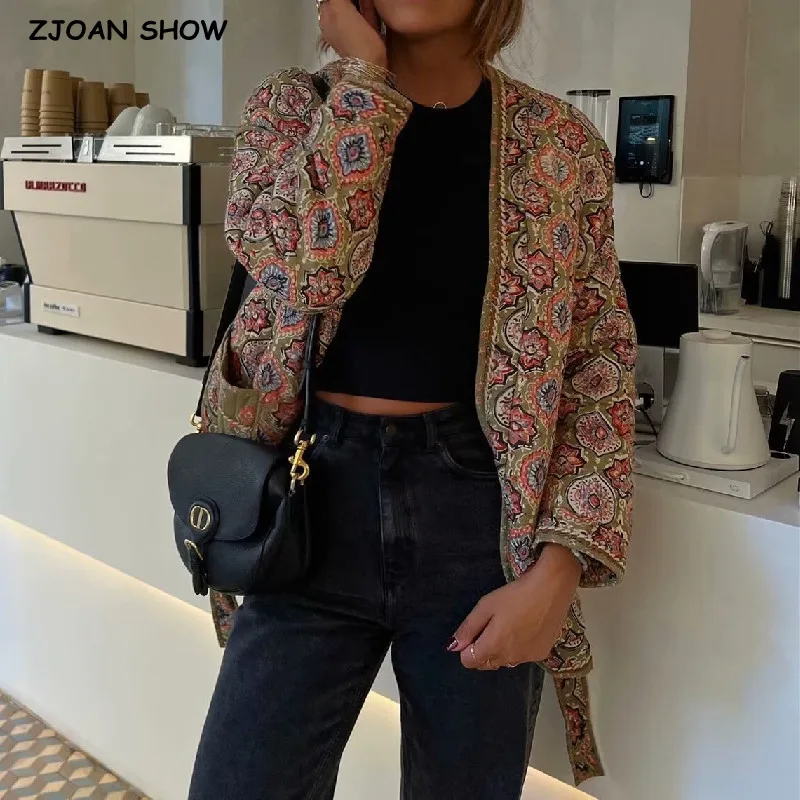 Zimowa zielona kwiatowa z dekoltem w szpic, pikowana kurtka etniczne kobiety wiążą szarfy z kokardą, płaszcz z rękawami odzież wierzchnia BOHO Midi