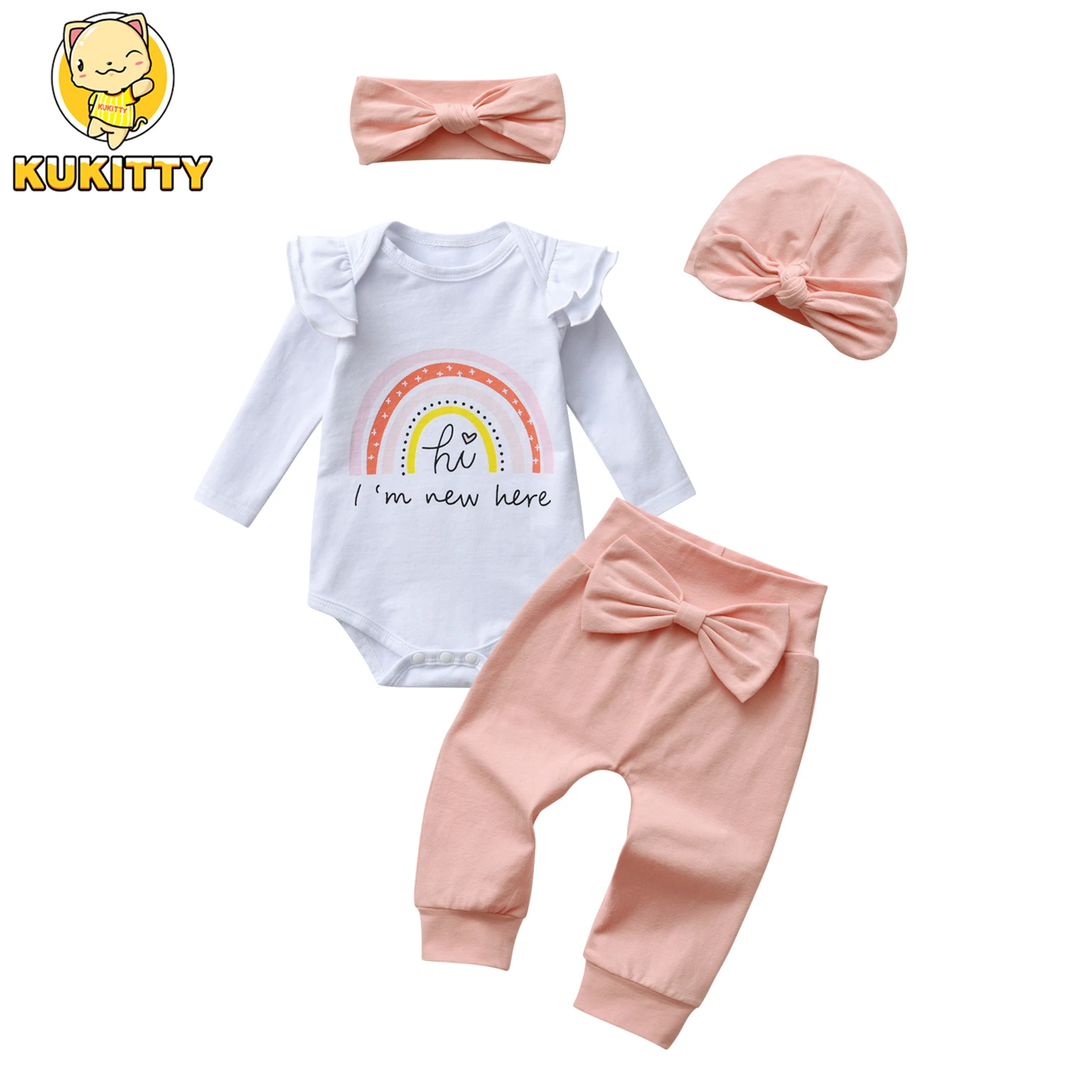 4pcs Newborn infant Baby Girl Cute Outfit 2024 New Printed Long Sleeve Romper Top Pants Headband Hat Preemie Girls Clothes Set