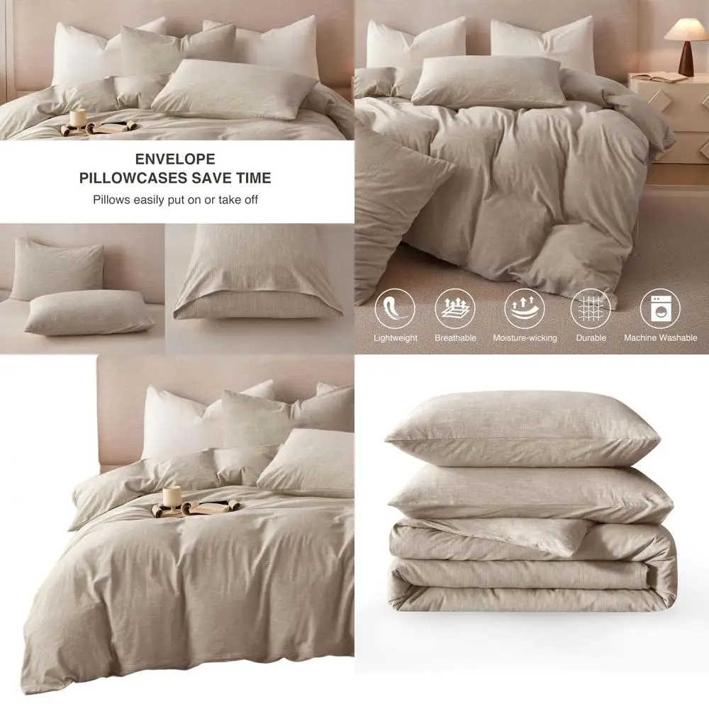

Queen Size Linen Duvet Cover Set - 3-Piece Cotton Blend Bedding with Pillowcases, Stonewashed Khaki, Breathable All-Season Comfo