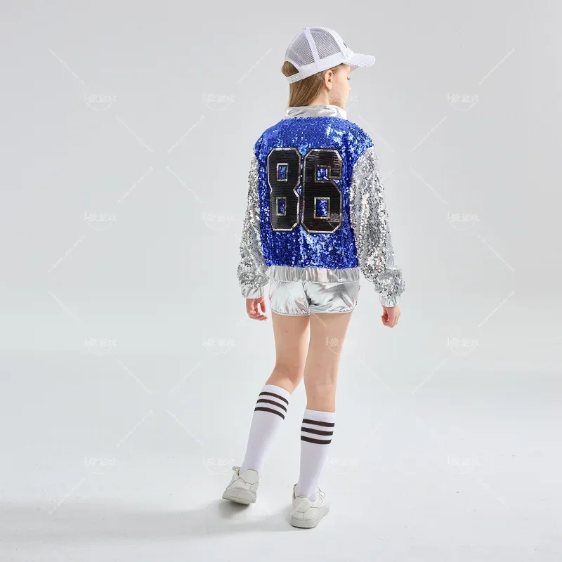 Girls Pink Sequin Crop Tops Shorts Jacket Dancewear Costume Hip Hop Modern Jazz Dance Stage Performance Wear image 4