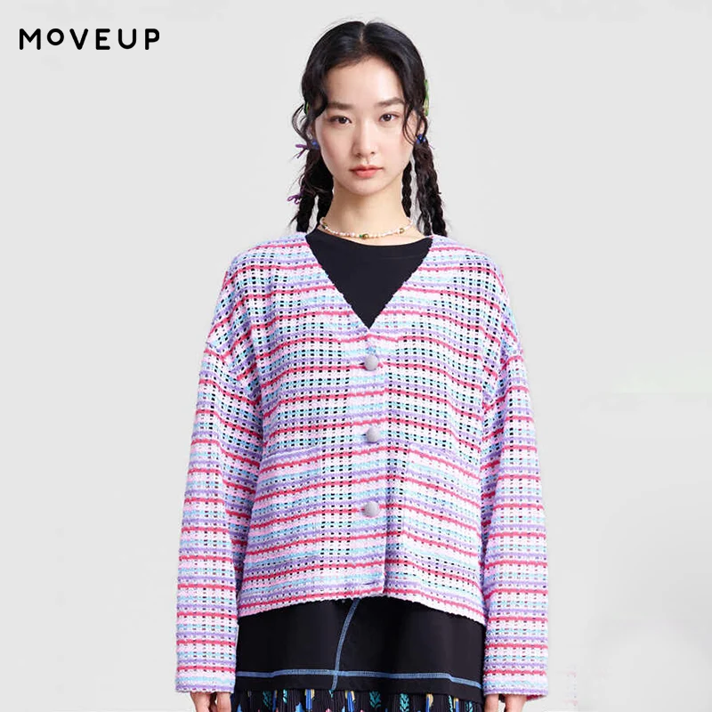 

MOVEUP V-neck Colorful Striped Women's Coat 2026 New Spring 2026 Color-Blocked Pocket Mushroom Button Loose Short Coat 3ELC10707