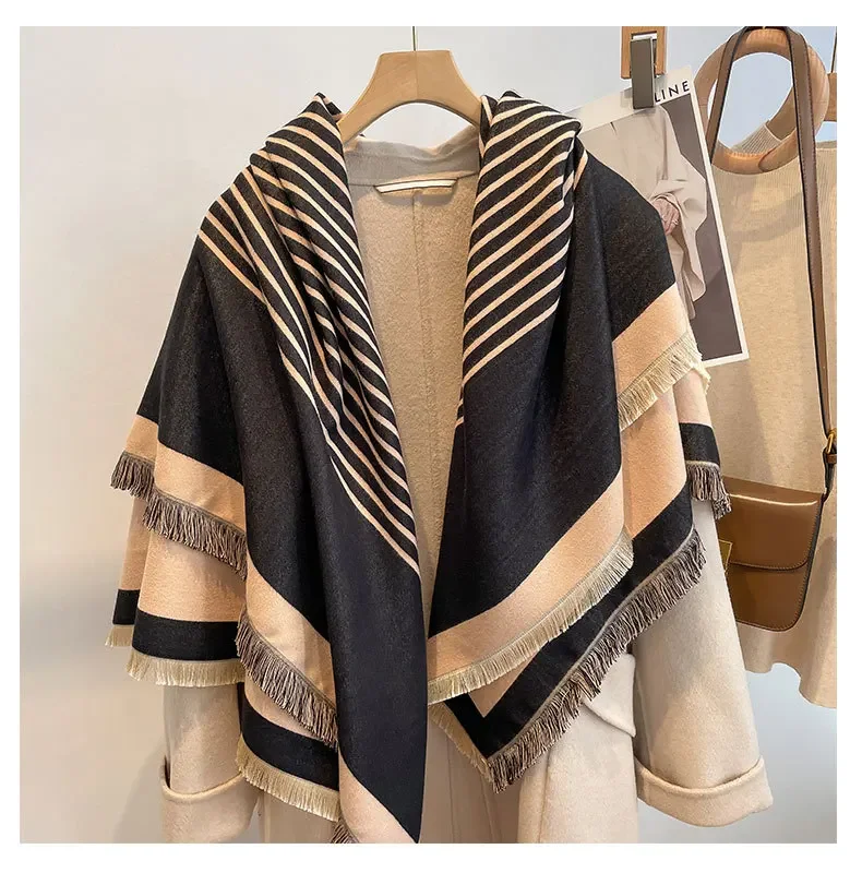 Autumn winter new double-sided warm striped scarf for women ,thickened neckband, air-conditioned shawl for outerwear Poncho