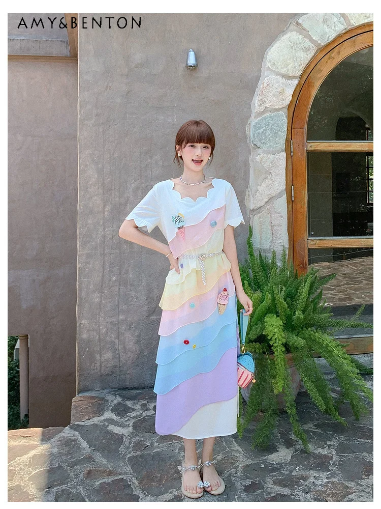 

2025 Summer New Style Beautiful Sweet Multi-color Multi-layer A-line Appliqué Soft Comfortable Loose Long Straight Skirt