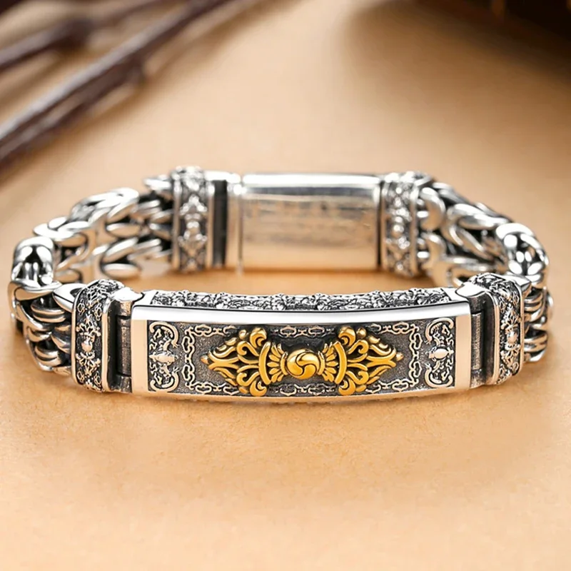 HX New Chinese Retro Silver Color Men Bracelet Creative Personality Pattern Chain Versatile Temperament Jewelry Accessories