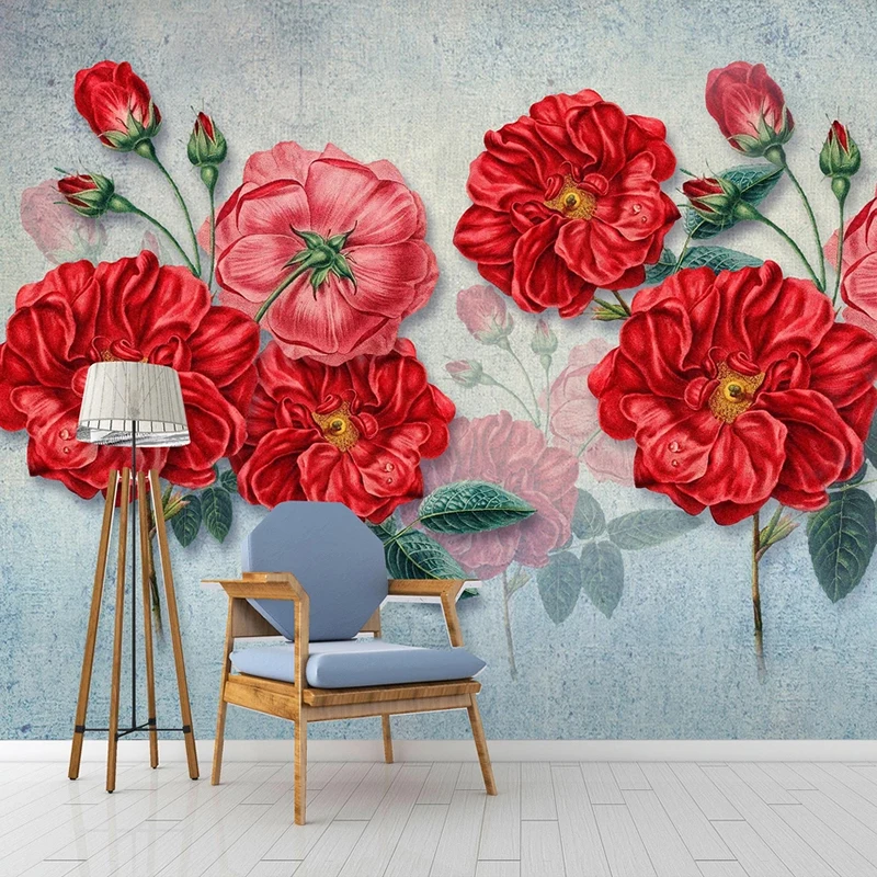 

Custom Retro Red Flowers Wallpaper Mural Romantic Modern Living Room Bedroom Background Wall Decoration Painting Papier Peint 3D