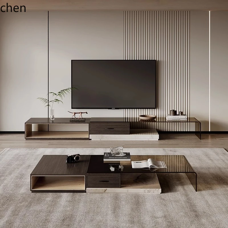 

HXL glass TV cabinet coffee table marble solid wood combination personalized retractable low cabinet