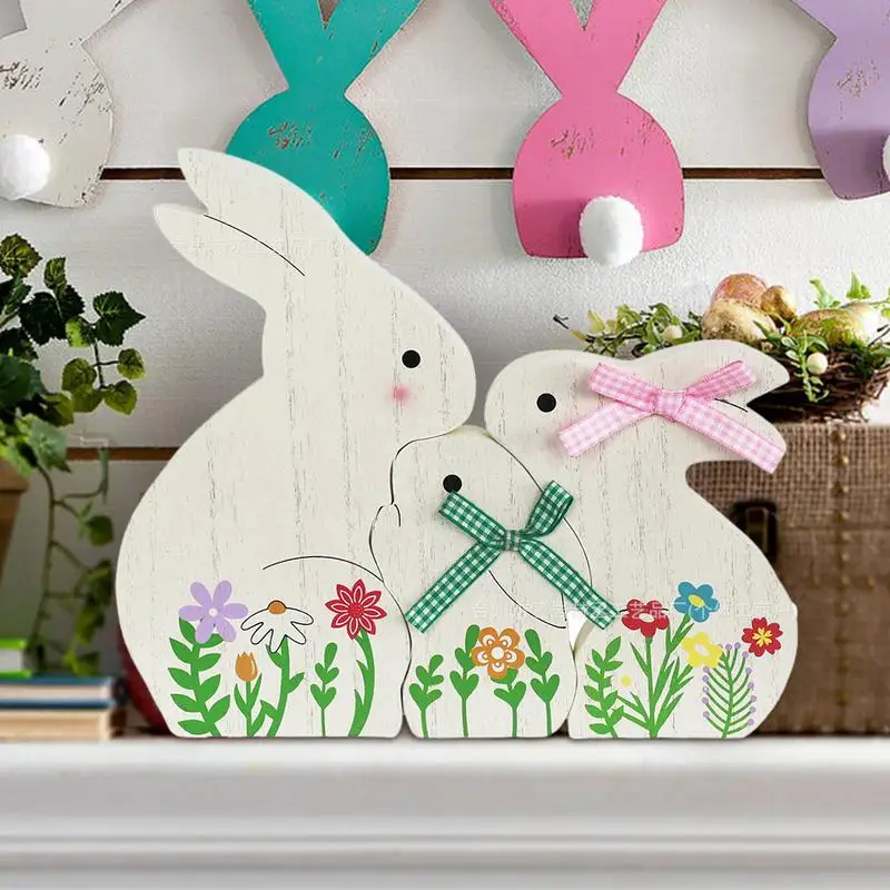 3PCS Bunny Wood Sign Spring Rabbit Decor Set Easter Bunny Signs Tabletop Rabbit Shape Decorations For Party