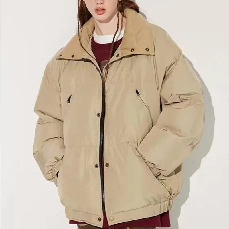 Winter Down Jackets Women's Outerwears Color Clash Patchwork Retro Puffer Coats Stand-up Collar Thick Warm Short Down Coats