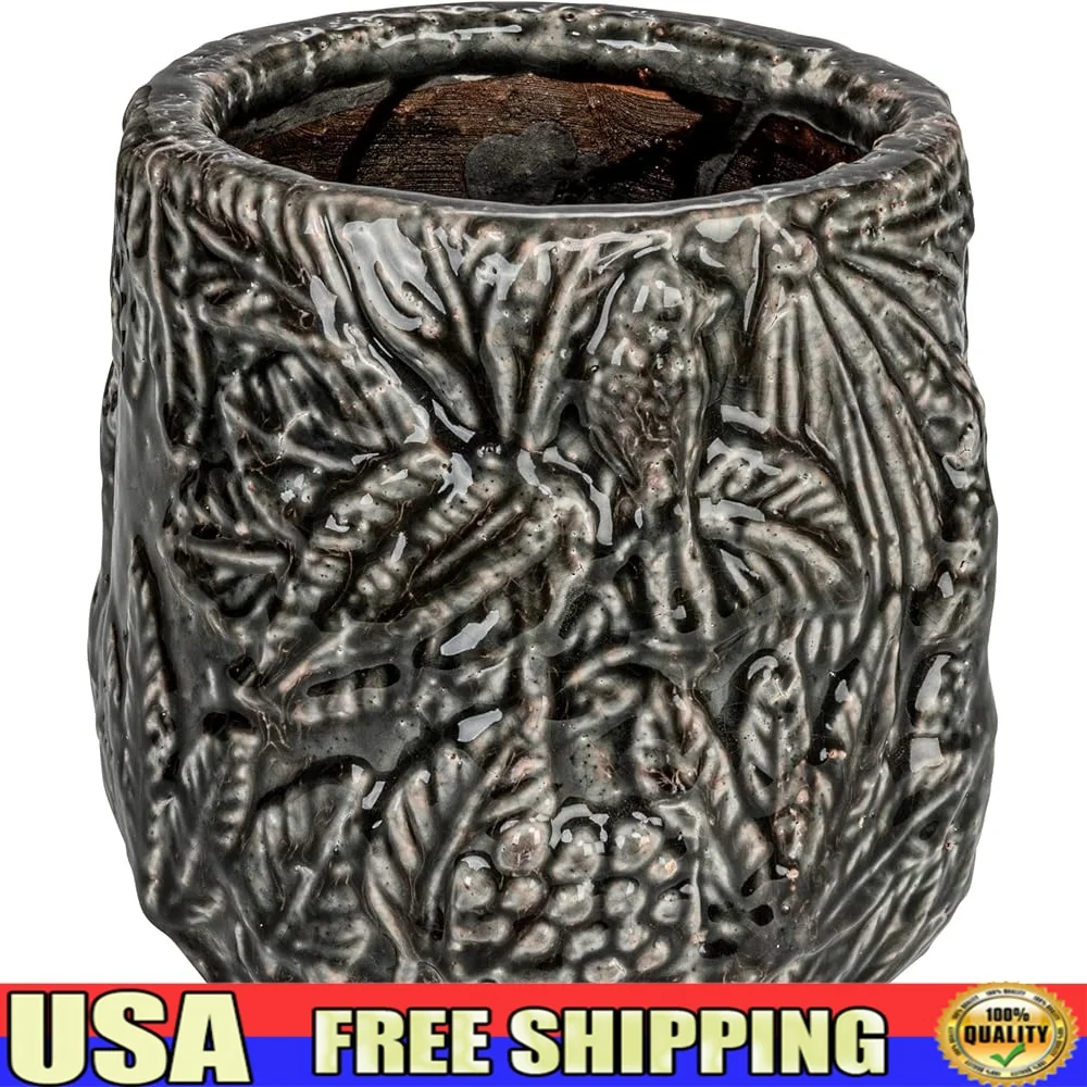 

Decorative Terra-Cotta Planter Embossed Pattern Round Pot Durable Stylish Home Garden Coastal Farmhouse 7 Inch Diameter