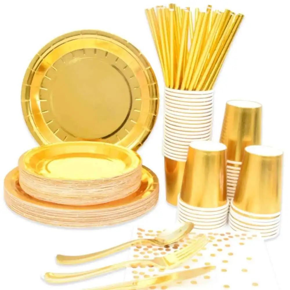 10 יחידות סט סכום זהב סכום נייר סכום נייר צלחות כוסות נייר מגבות קשים ציוד שולחן למסיבה סיטונאי
