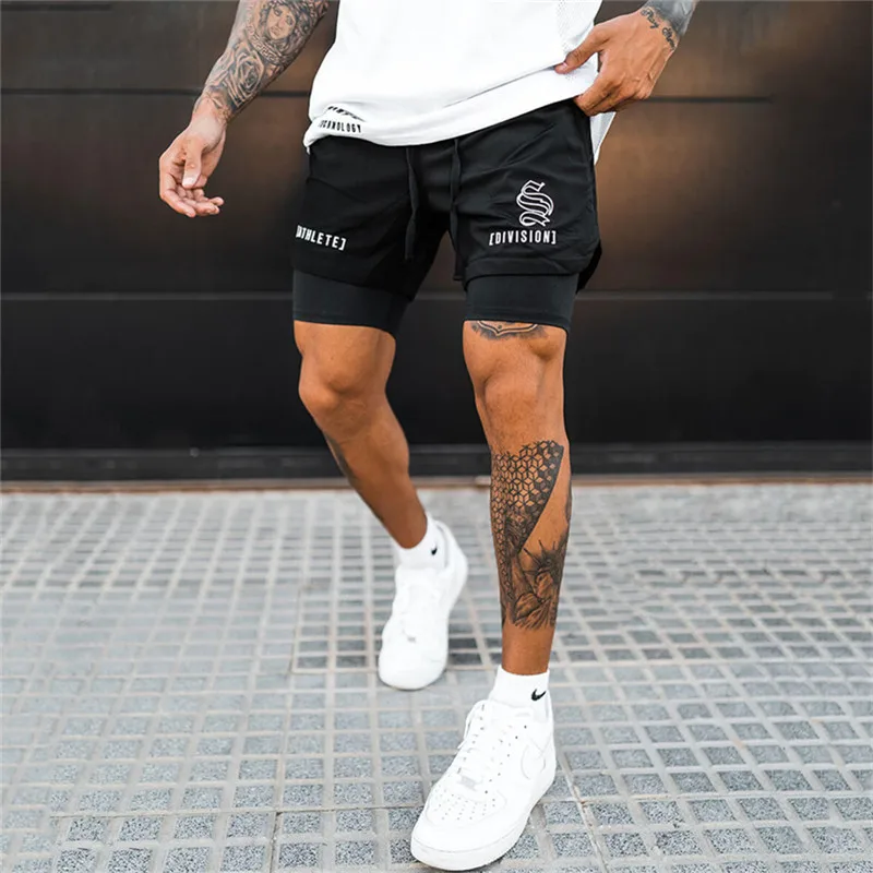 Masculino respirável de dois andares de secagem rápida Sportswear Fitness, shorts para musculação, treino de ginástica, calções de praia para