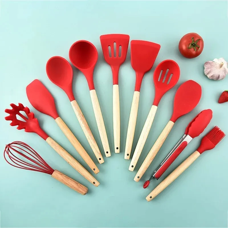 12Pcs/Set Wooden Handle Silicone Kitchen Utensils With Storage Bucket High Temperature Resistant And Non Stick Pot Spatula Spoon image 2