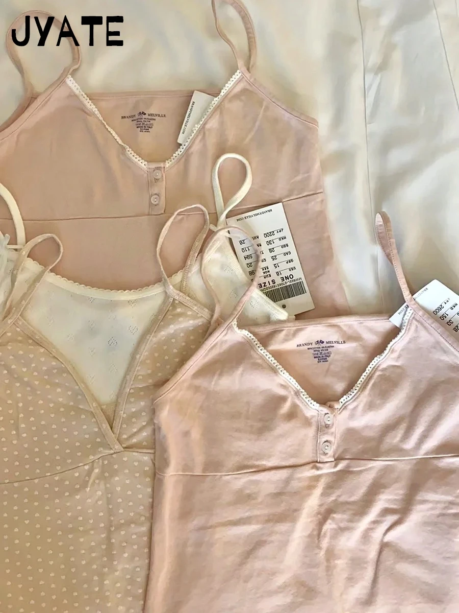 Sweet Cute Pink Buttons Tank Tops Women New Cotton Casual Slim Lace Trim Sleeveless Vests Female Vintage Simple Chic Camis Y2K