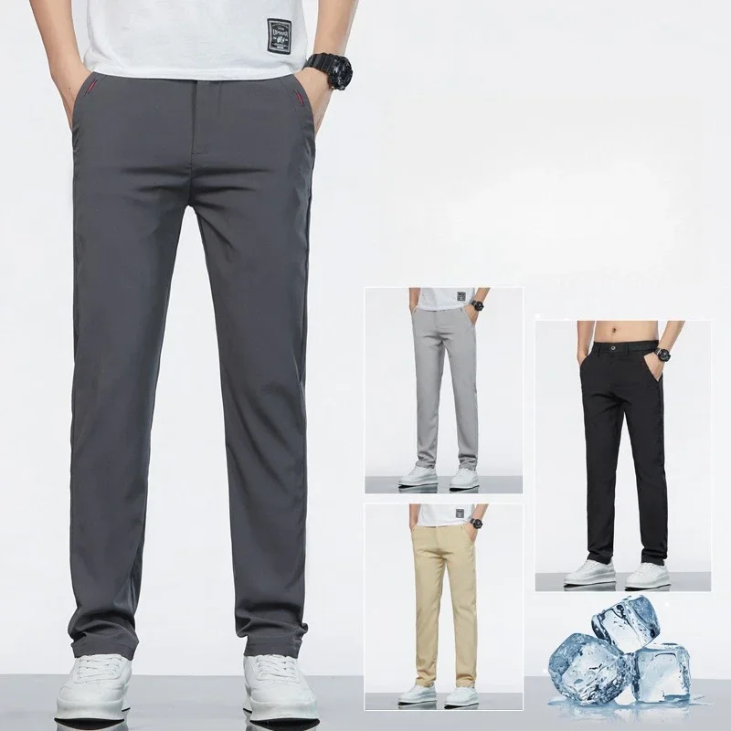 

Новые летние деловые брюки из ледяного шелка, прямые черные, серые брюки с эластичной резинкой на талии, дышащая простая мужская одежда, повседневный костюм, брюки