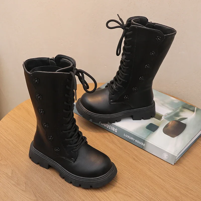 New Girls High-Top Leather Boots Student Casual Warm PU Leather Boots Fashion High-Top Boots Teen Girls Children's Dance Shoes