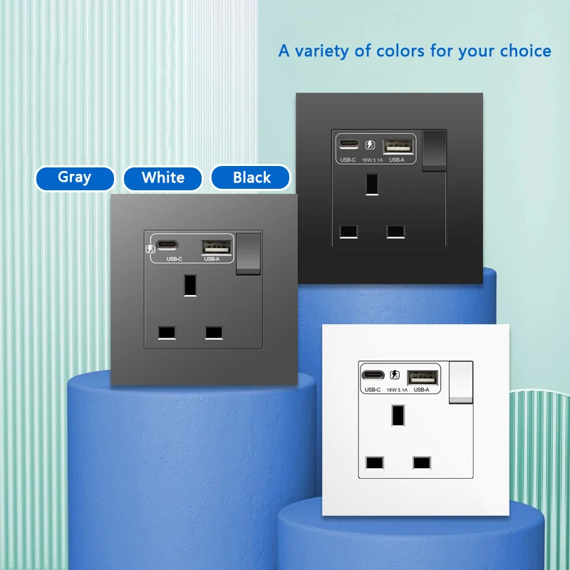 UK 13A Wall Socket with USB Type C 18W Quick Charge Plug Socket,Britain Standard DC 5V 3.1A Type-c Wall Electrical power outlet