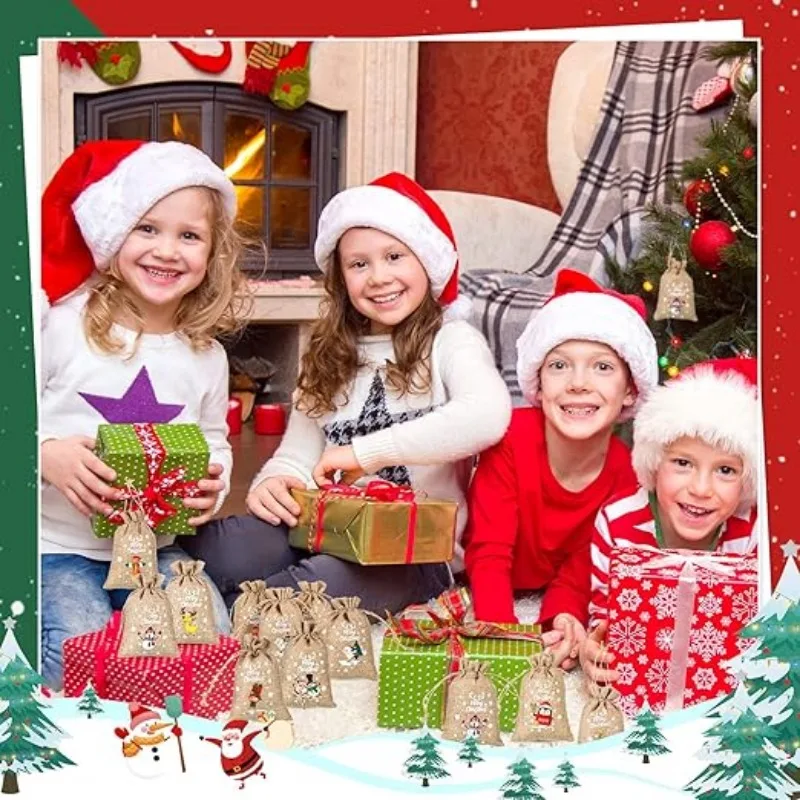 30/1PCS Christmas Linen Drawstring Bags Candy Gift Bag Storage Biscuits Pouchs Xmas Tree Hanging Bag New Year Party Package Sack