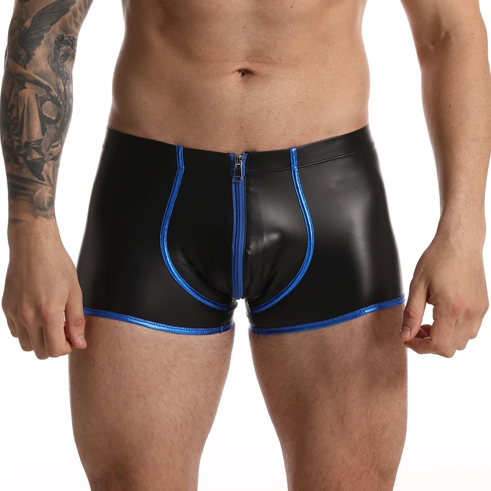 Bóxer Sexy con cremallera para hombre, ropa interior de piel sintética, pantalones cortos con bolsa para bulto Gay, color negro, Wetlook