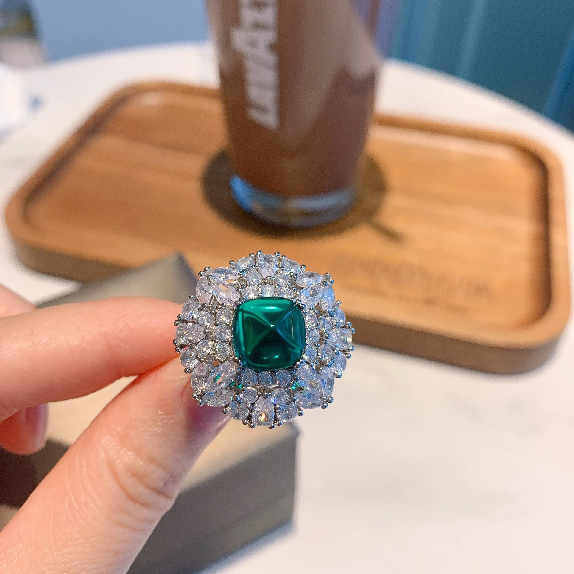 S925 Silver Colored Treasure Green Sugar Tower Blue Treasure Sugar Tower Full Set Ring Children's 10 * 10 Jewelry Wholesale