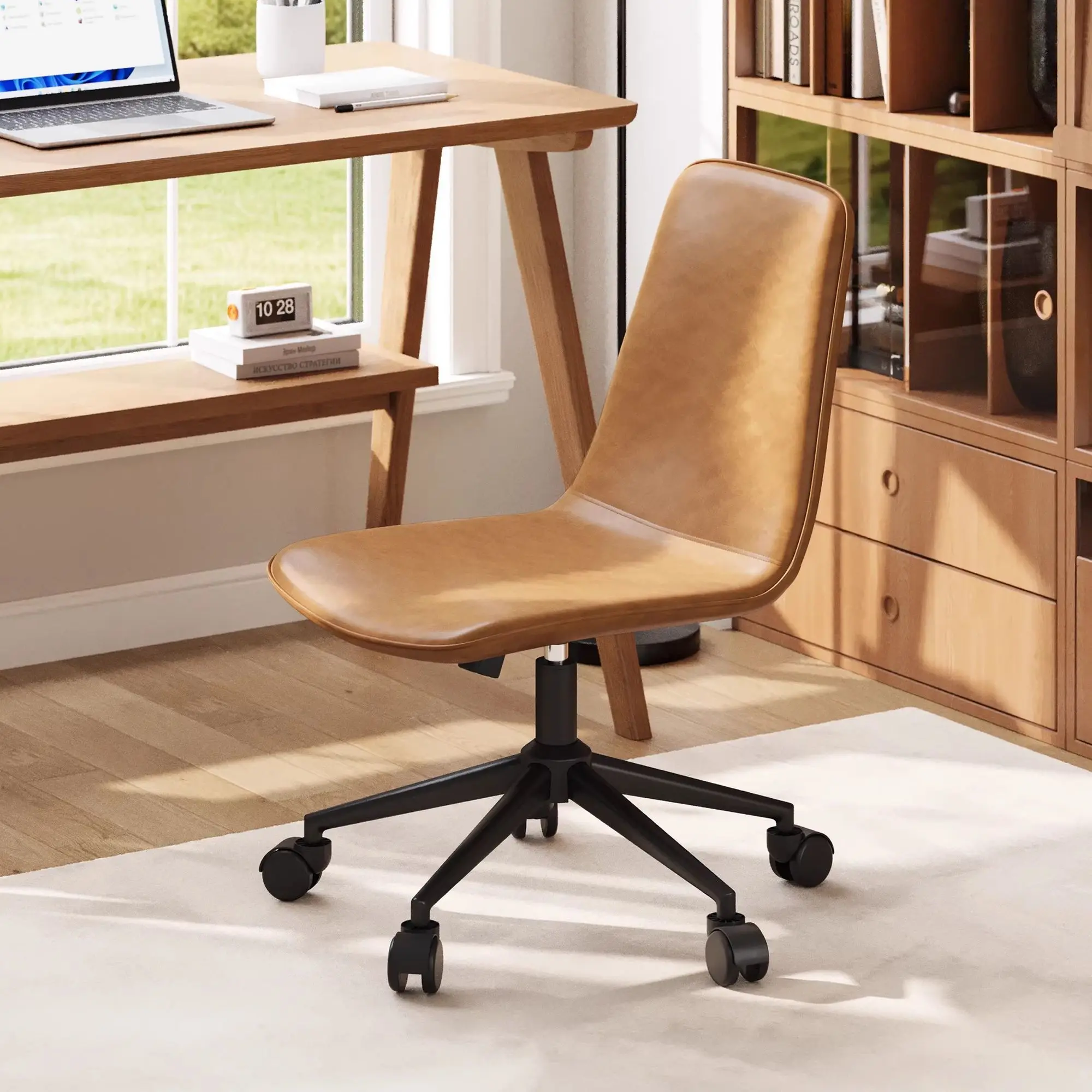 Gaming Chair Armless Faux Leather Swivel Computer Chair Height Adjustable Rolling Task Chair With Wheels For Home Office Tan