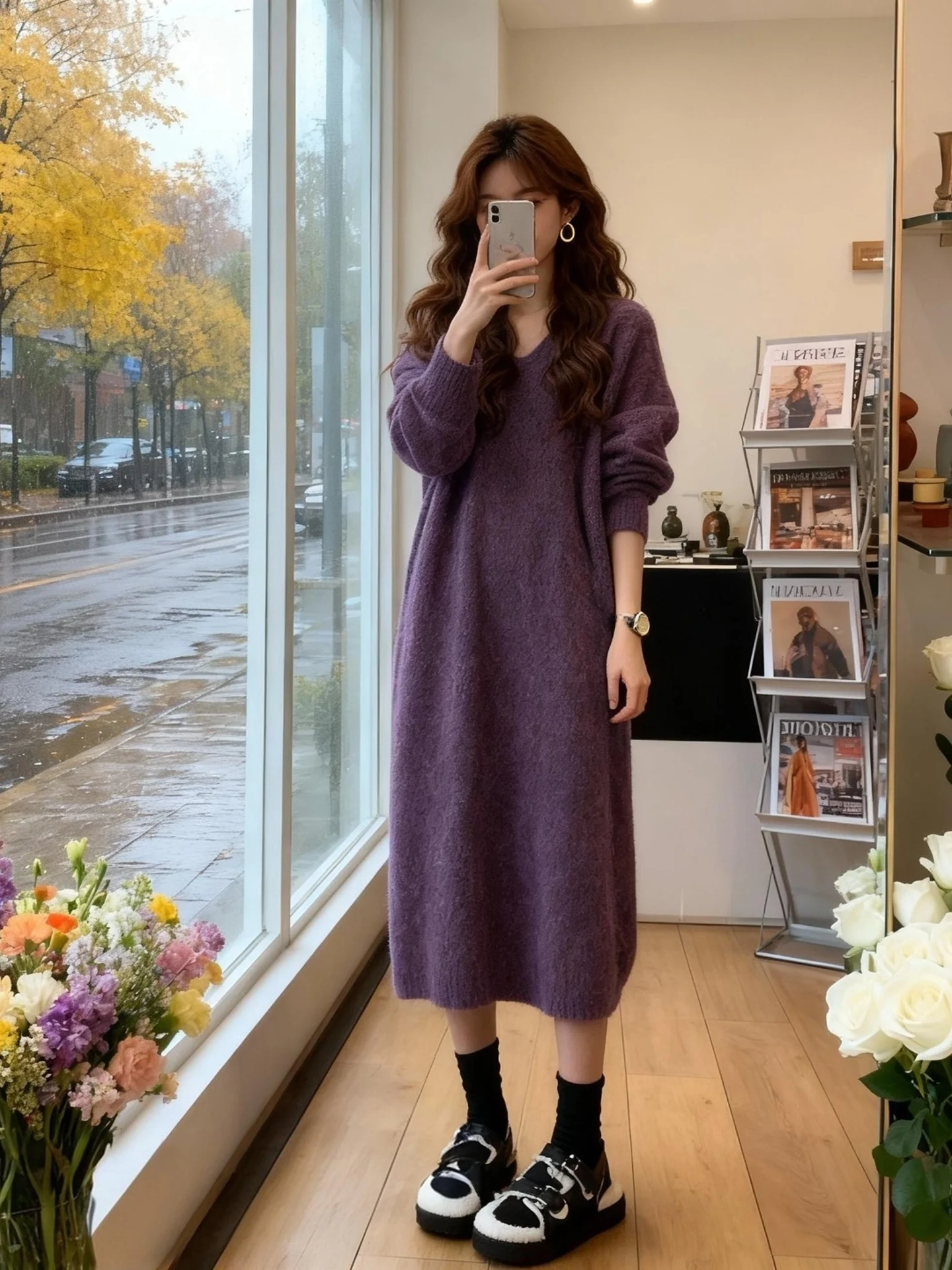 Lush Thickened Purple Knitted Dress Women's Loose Fit Comfortable Style Autumn Winter V-Neck Long Sleeve Dress for Young Girls