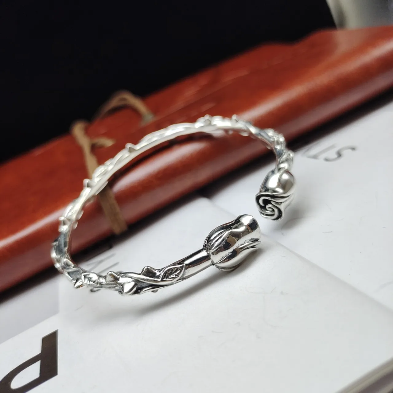 ins cool style cool men and women simple all-match retro leaf open s925 sterling silver South Korea bamboo bracelet