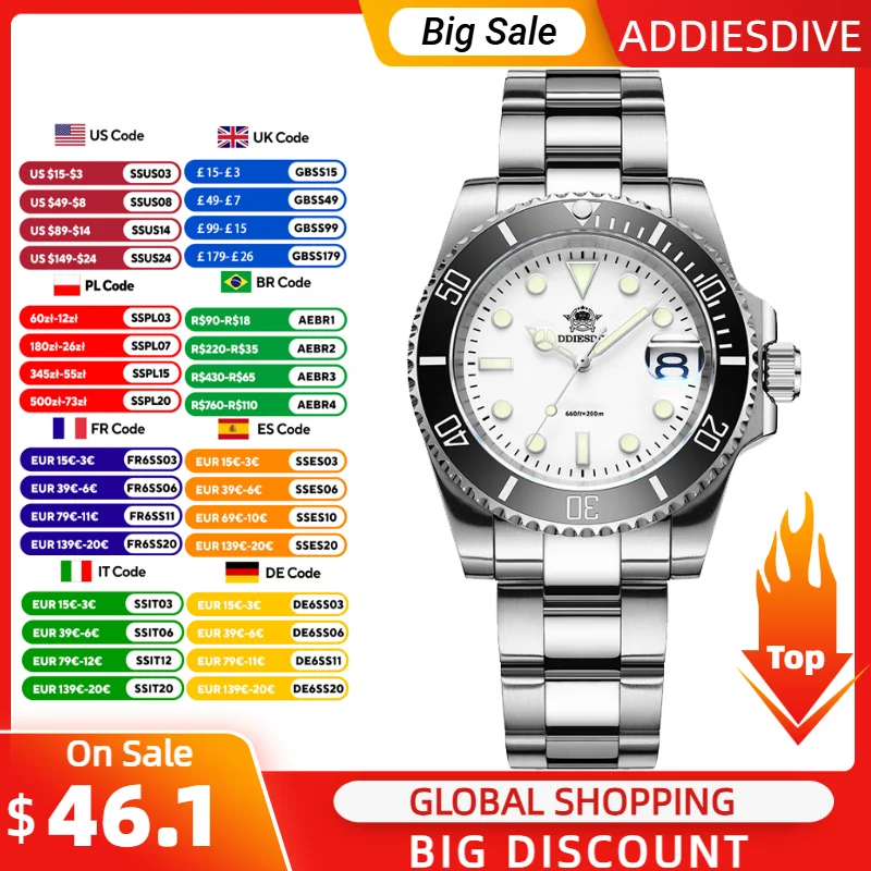 

ADDIESDIVE 41mm Japan2115 Men Quartz Watch Ceramic Bezel 200m Waterproof BGW9 Luminous Sports Watch Fashion Luxury Men's Watches