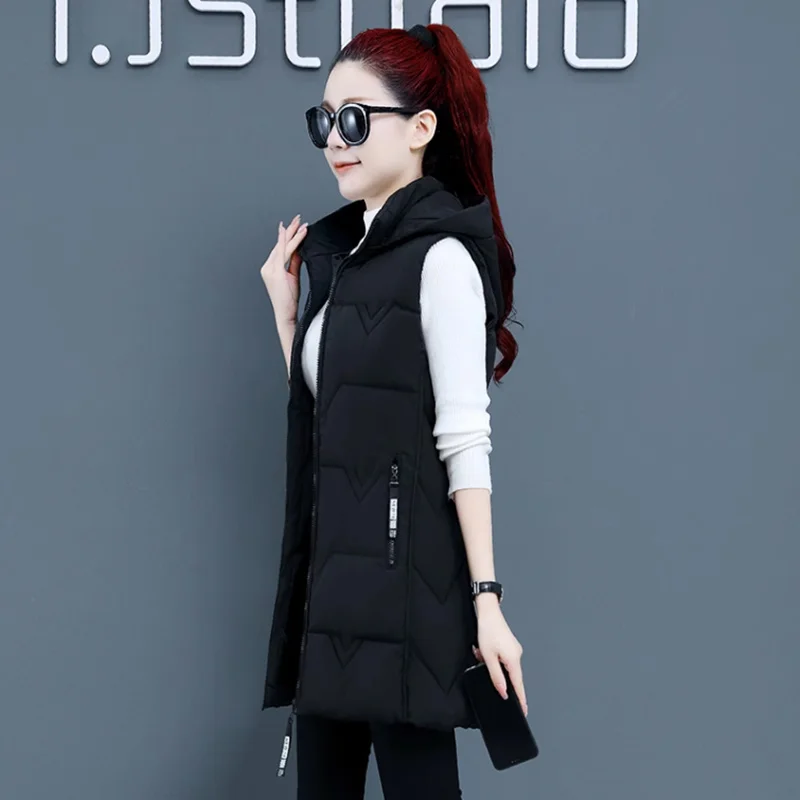 Waistcoat Vest Women Autumn Winter Long Korean Thick Waistcoat Vest Coat 2025 New Hooded Down Cotton-Padded Vest Female Overcoat