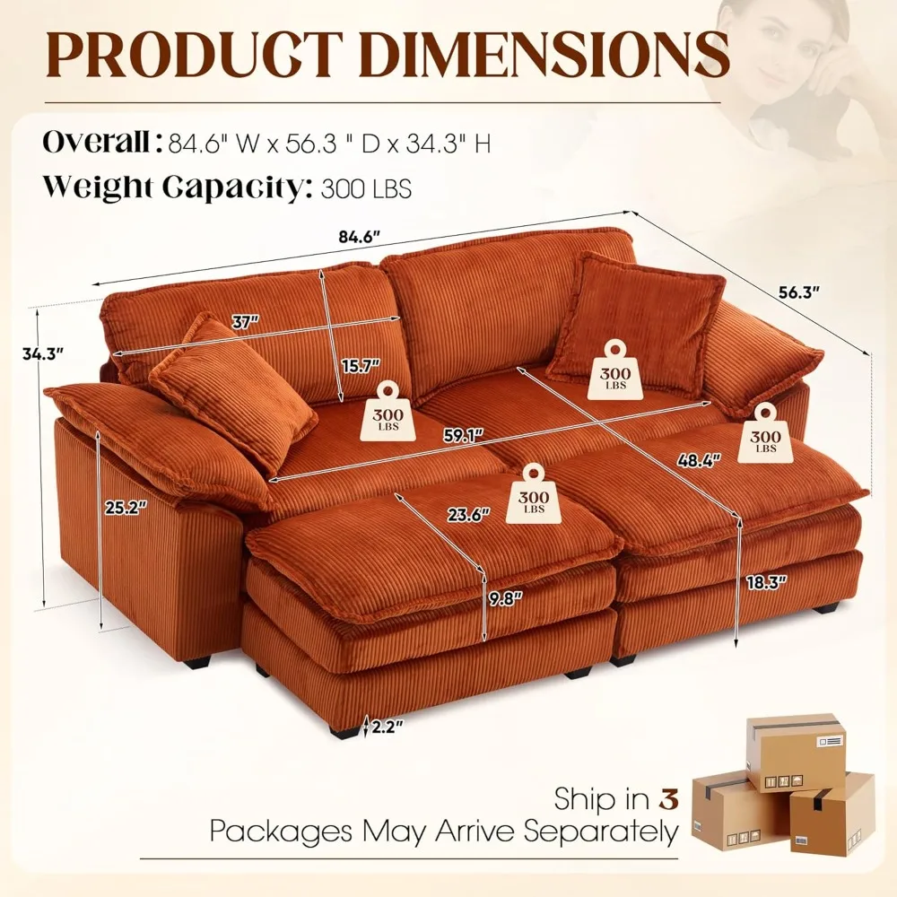 84.6'' Modular Sectional Sofa Cloud Couch for Living Room, Modern Corduroy Double Layer Upholstered Loveseat Sofa