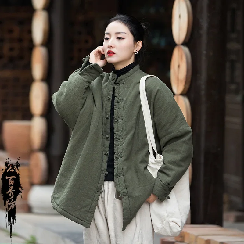 Jaket Parka wanita lengan panjang, pakaian wanita kerah berdiri, jaket Korea gaya etnik, Linen Solid, kancing, katun, musim dingin, hangat, untuk wanita