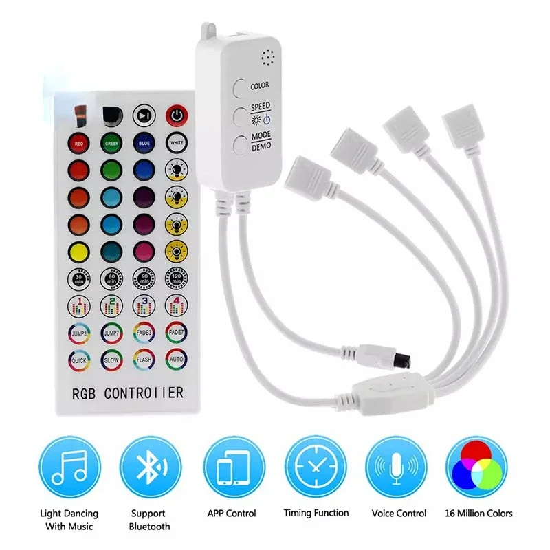 Music Bluetooth RGB Colorful LED Dimmer 1-4 Output Controller Timing Mode with 40 Keys IR Remote Control for 5050 2835 LED Strip